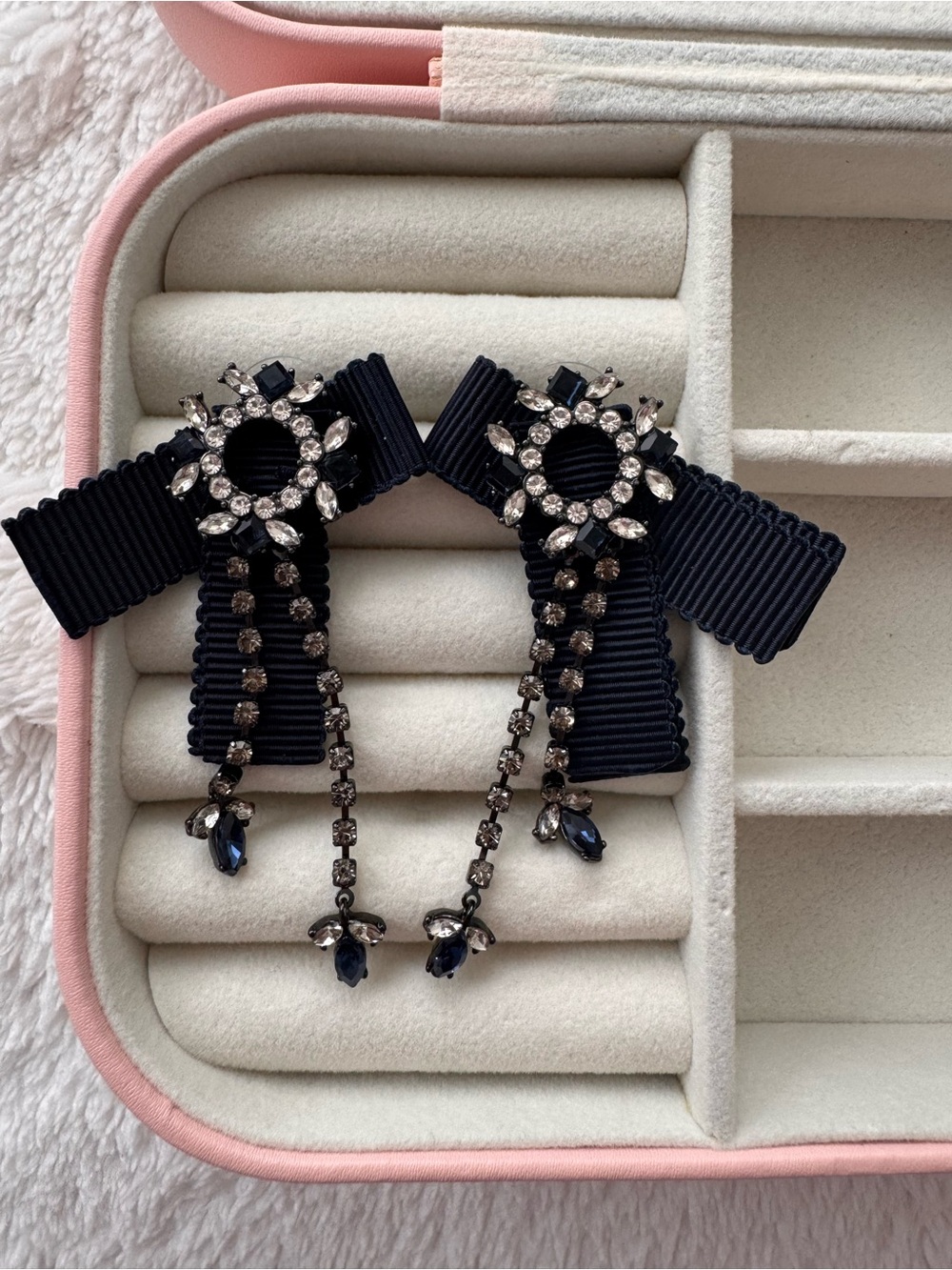 Navy Crystal Bow Drop Clip-On Earrings